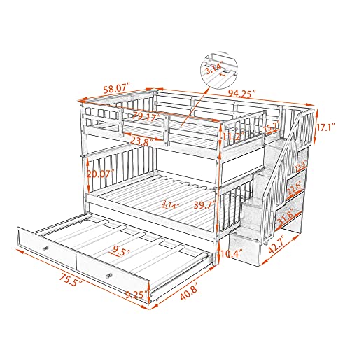 Harper & Bright Designs Twin Over Twin Bunk Bed with Stairs and Trundle, Solid Wood Stairway Bunk Bed Frame with Storage