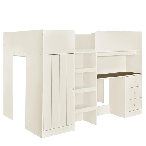 Harper & Bright Designs Full Size Loft Bed with Desk, Wood Full Loft Bed Frame with Built-in Wardrobe, Storage Shelves and Drawers, Gray