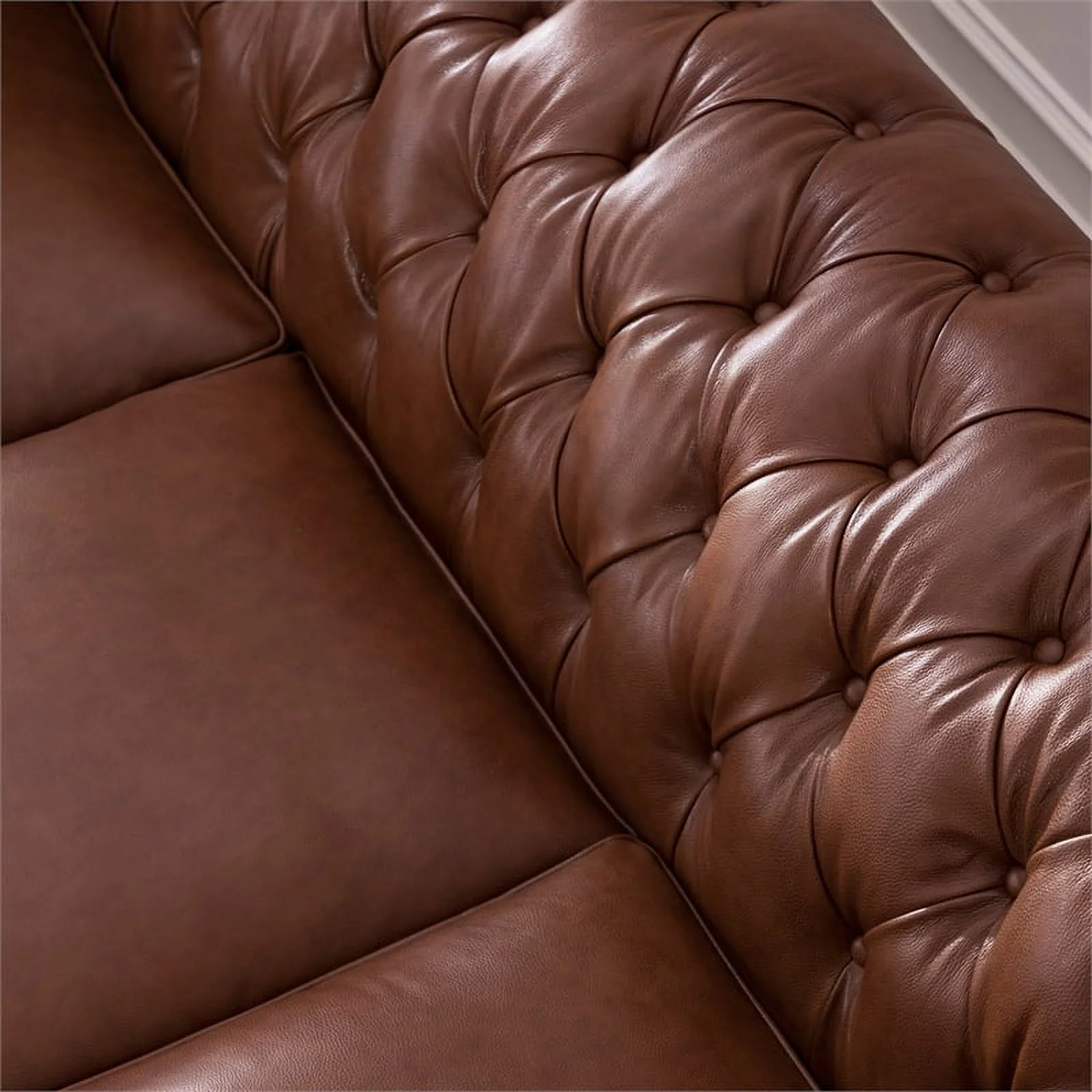 Bowery Hill 20" Traditional Leather Tufted Back Chesterfield Sofa in Chestnut