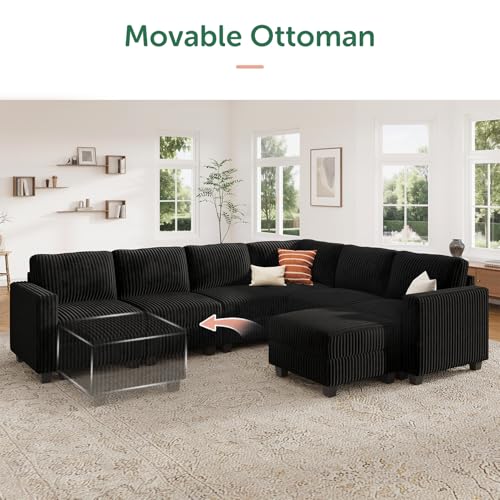 HONBAY Corduroy Modular Sectional Couch with Storage L-Shaped Sectional Couches for Living Room 6 Seater Modular Sofa, Dark Gray