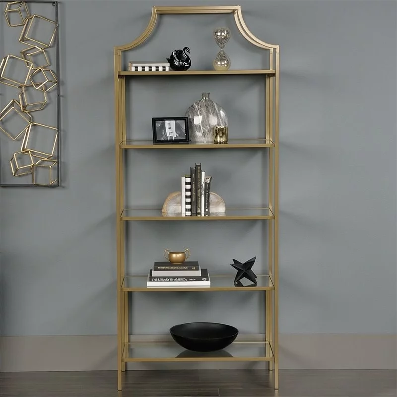 Home Square 5 Shelf Metal Framed Bookcase in Satin Gold (Set of 2)
