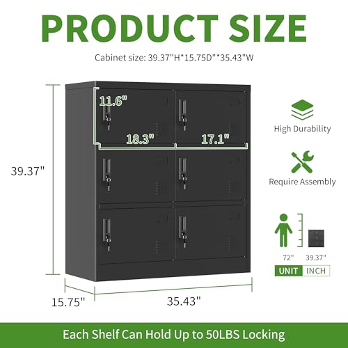 6 Doors Metal Lockers for Employees, Steel Storage Locker with Lock and Card Slot, Employee Lockers for Home, Office, School, Gym