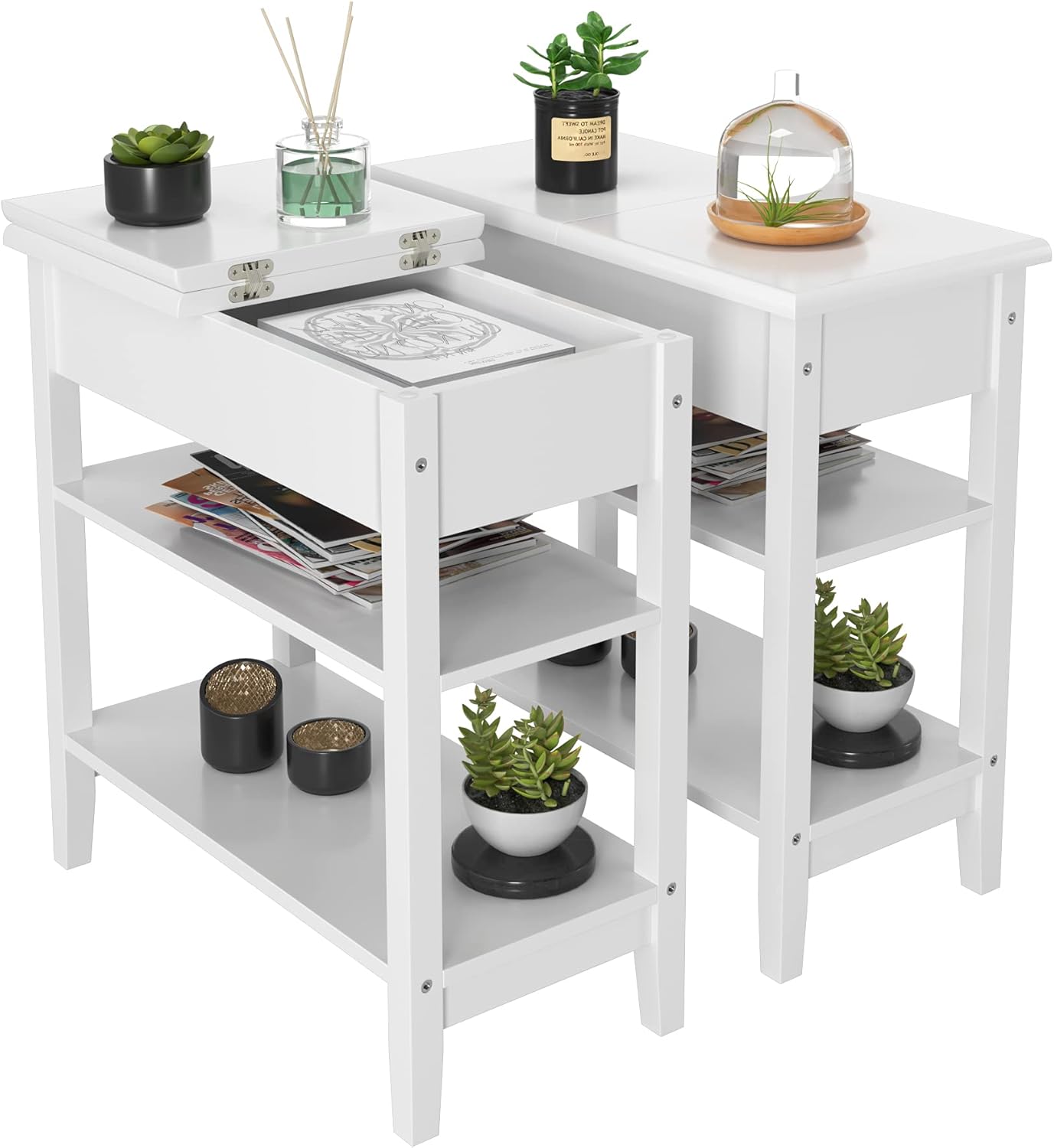 End Table with Storage, Flip Top Side Table with Shelves, Bedroom Nightstand Sofa Table, Narrow File Cabinet for Home Office, Ivory White