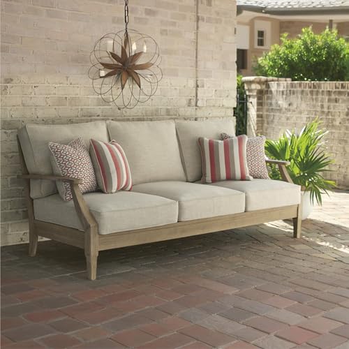 Signature Design by Ashley Carter Hall Outdoor Eucalyptus Patio Sofa with Cushion, Beige