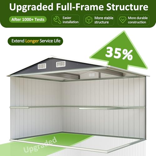 10x8 FT Outdoor Storage Shed, Metal Garden Tool Shed with Updated Frame Structure and Lockable Doors, Ideal for Backyard Garden Patio Lawn, Grey