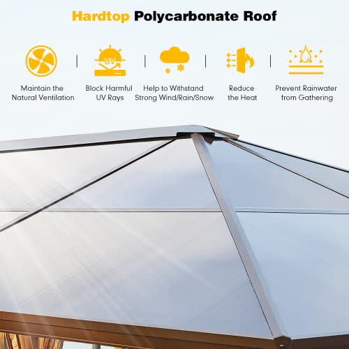 MELLCOM 10'x13' Hardtop Gazebo with Polycarbonate Double Roof, Aluminum Frame Outdoor Gazebo Permanent Pavilion with Curtains and Netting for Patio