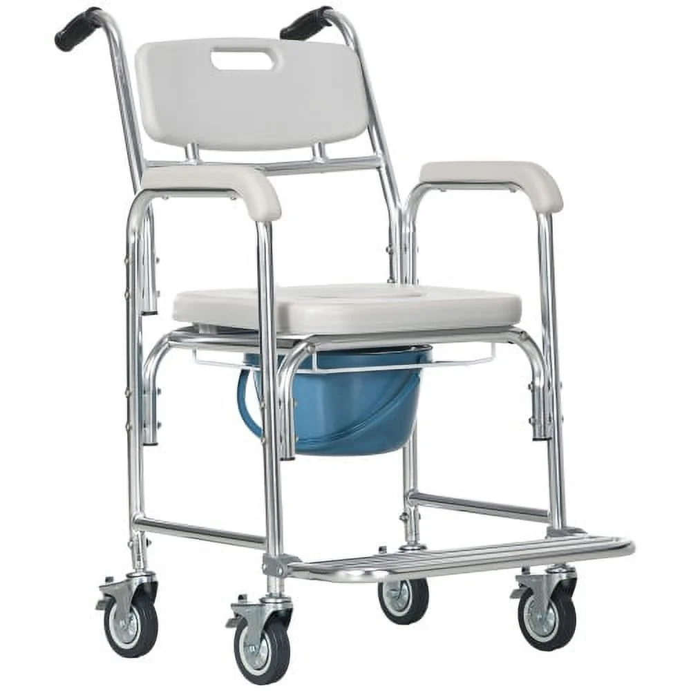 HOMCOM 3-in-1 Shower Commode Wheelchair, Transport Beside Commode Chair