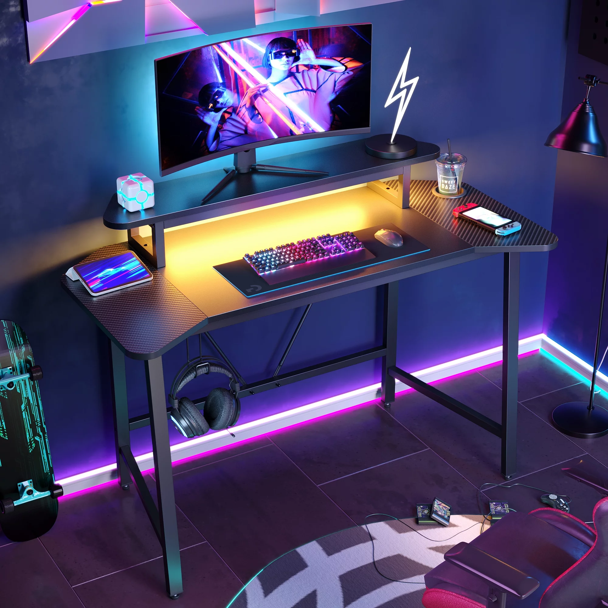 Bestier Gaming Desk 50 Inch PC Computer Desk with LED Lights Monitor Stand Cup Holder, Black