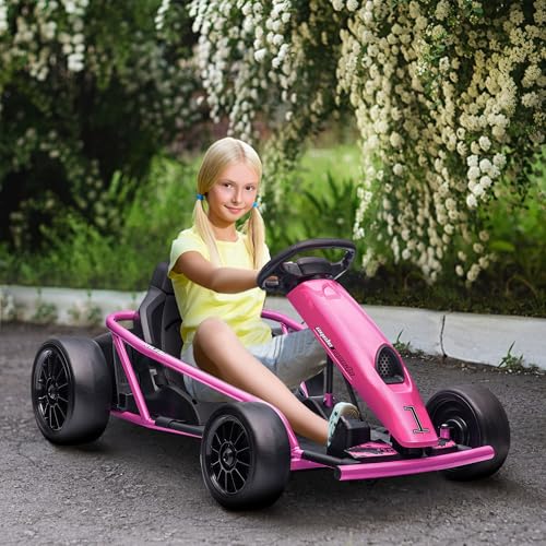 Aosom 24V 8.1 MPH Electric Go Kart, Drifting Car Battery Powered Ride on Toy Outdoor with Slow Start, Music, Horn Honking and Safety Belt