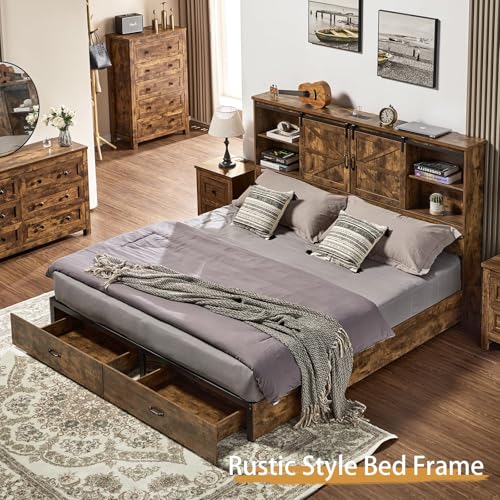 VanAcc Full Size Bed Frame, Wooden Platform Storage Bed with 51.2" Bookcase Headboard, 2 Drawers