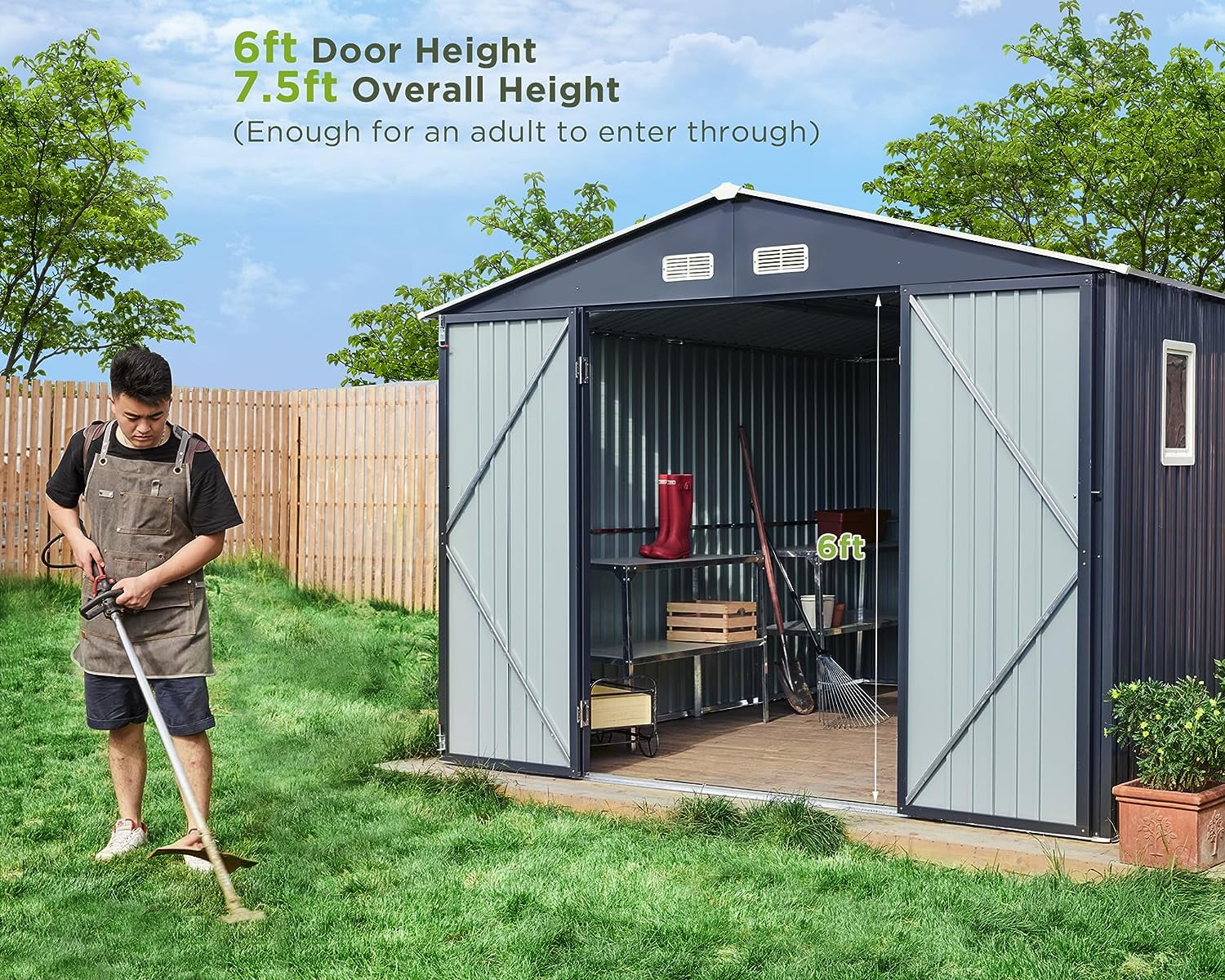 AMERLIFE 10x12x7.5 ft Outdoor Storage Shed, Galvanized  Backyard Lockable Sheds, Grey/White