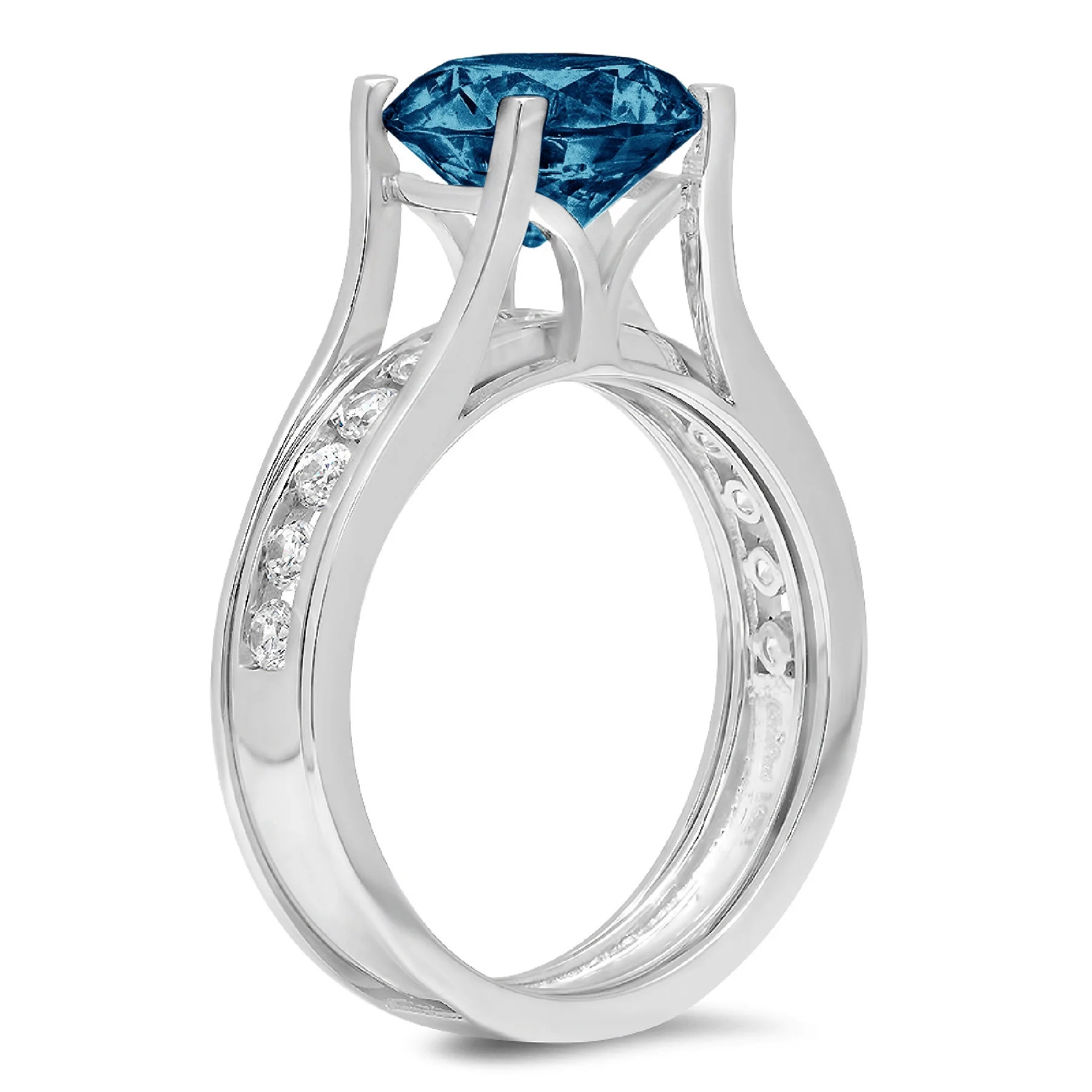 3.39ct round cut natural london blue topaz 14k white gold engraving wedding anniversary engagement bridal ring band set size 8