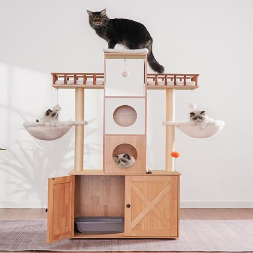 Heybly Cat Tree with Litter Box Enclosure for Indoor Big Cat, Cat Tower for Large Cats 20 lbs Heavy Duty
