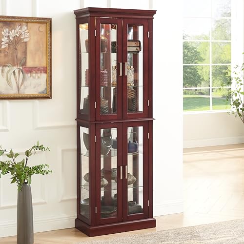 Lighted Display Cabinet,Glass Curio Display Cabinet with Adjustable Shelves & Mirrored Back