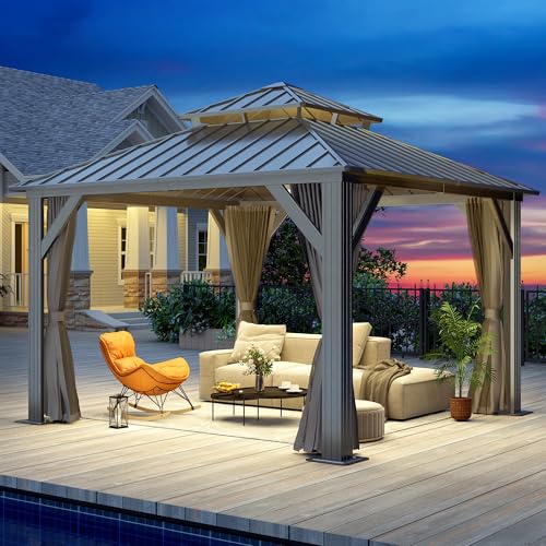 12'x12' Hardtop Gazebo, Outdoor Double Roof Galvanized Steel Gazebos, Aluminum Frame Permanent Pavilion with Curtains & Netting for Backyard, Patio