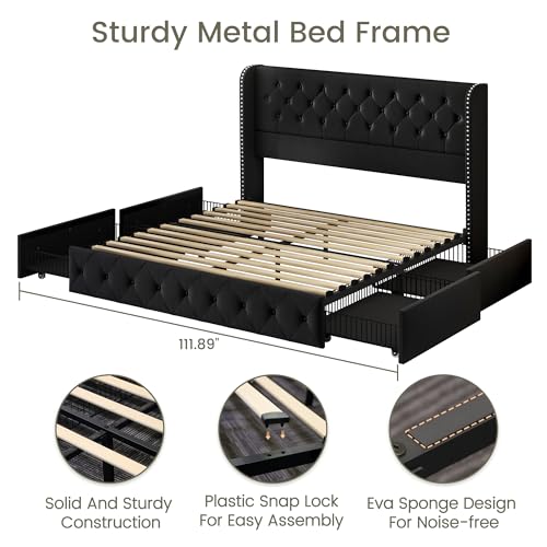 King Size Bed Frame with 4 Storage Drawers and Tufted Headboard Linen Upholstered Platform Bed Frame Wingback Beds with Wooden Slats Support