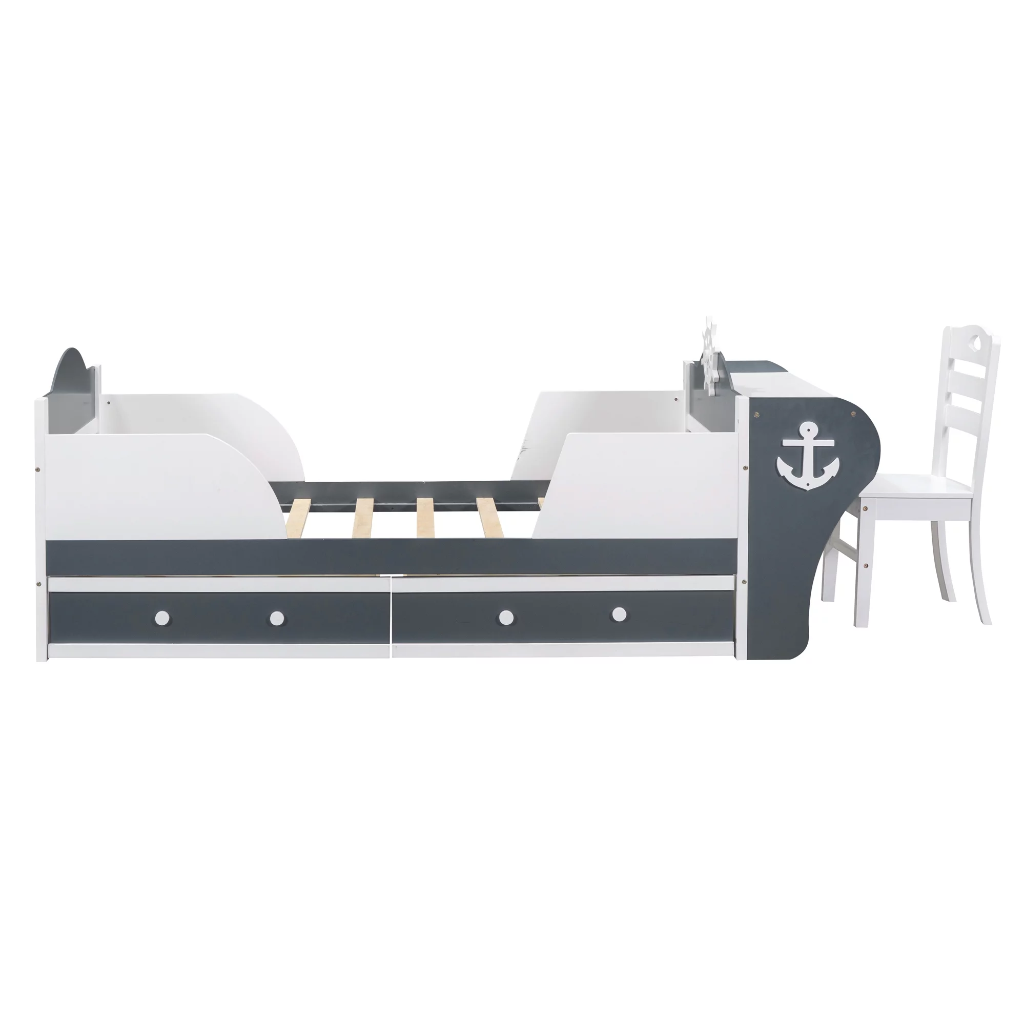 CoSoTower Twin Size Boat-Shaped Platform Bed with Two Drawers,Twin Bed with Desk and Chair for Bedroom,White+Gray