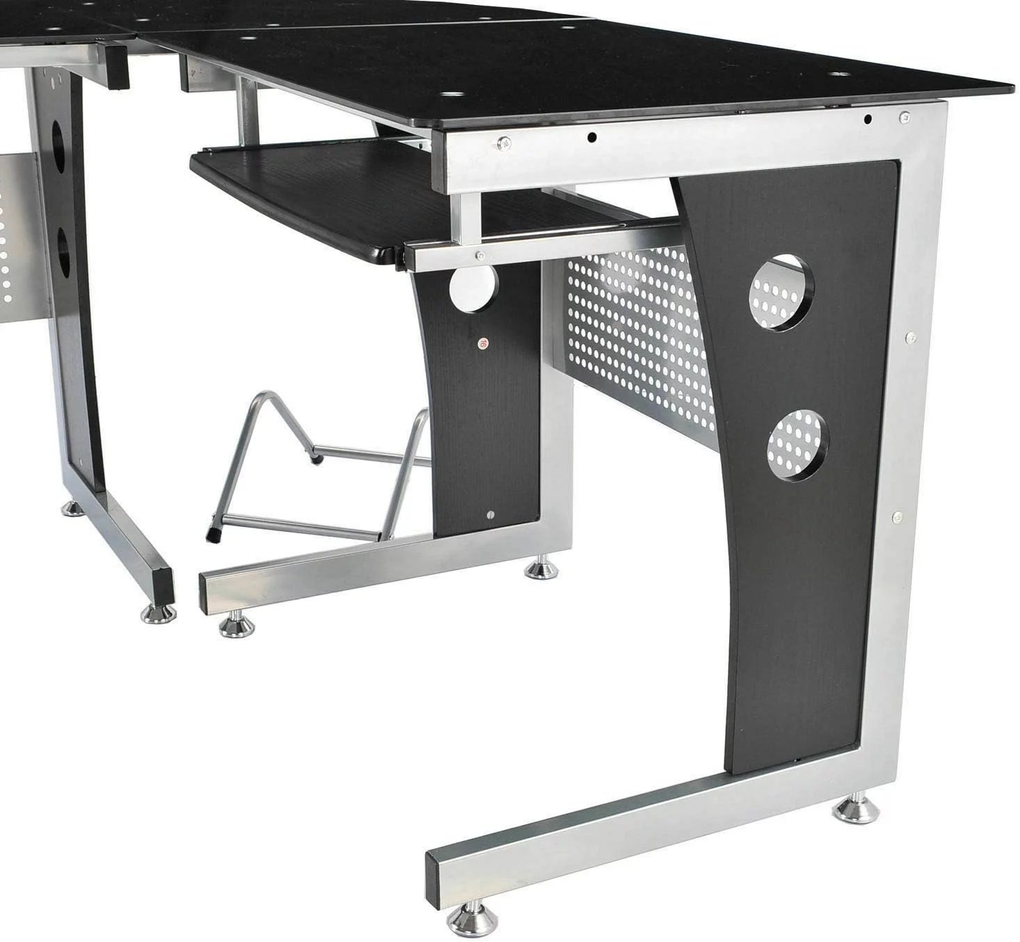 Black L-Shape Corner Tempered Glass Top Computer Desk Slide-Out Keyboard Tray CPU Tower Stand Laptop Notebook PC Workstation Study Writing Reading