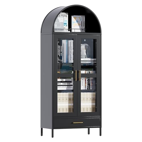 Metal Arched Storage Display Cabinet in Black with Drawer, Arched Cabinets with Glass Doors and Shelves for Living Room, Kitchens and Bedrooms