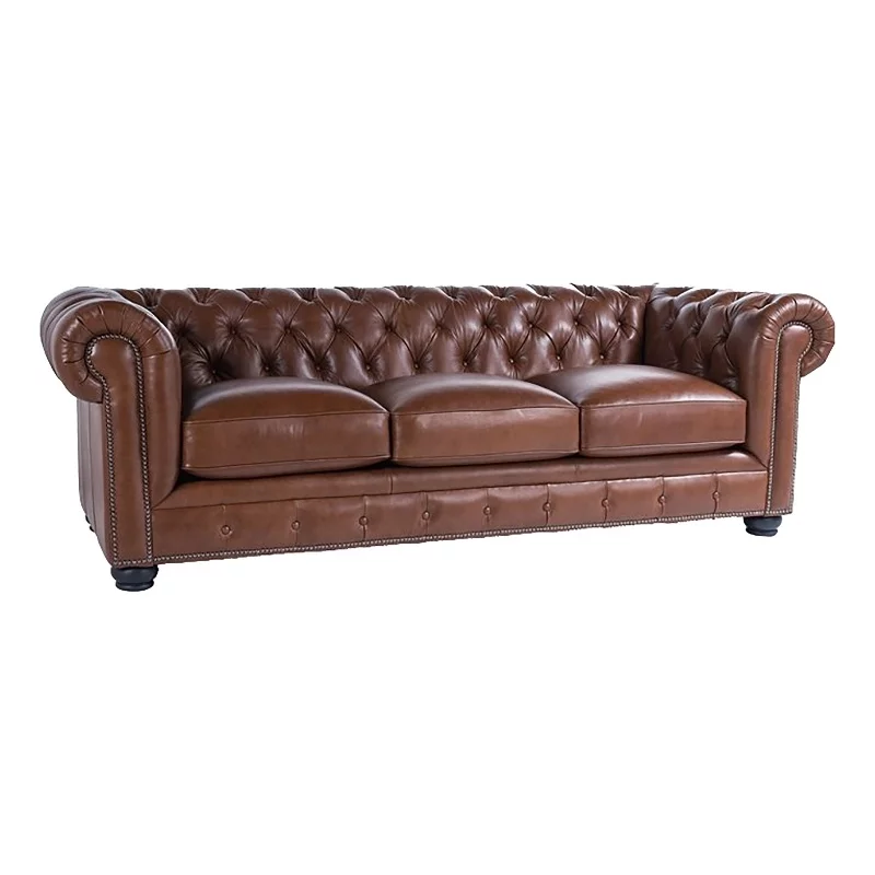 Bowery Hill 20" Traditional Leather Tufted Back Chesterfield Sofa in Chestnut