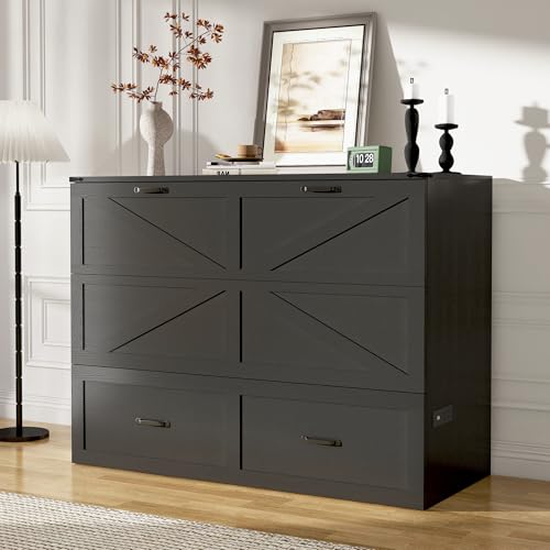 Full Size Murphy Chest Bed with Drawer and Charging Station, Farmhouse Wood Space-Saving Hidden Folding Bed Chest