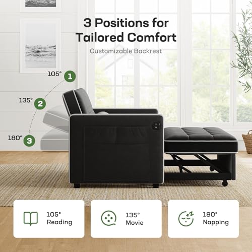 Marsail Sofa Bed, 3-in-1 Convertible Sleeper Sofa, Futon Couch with USB Charging, Side Pockets & Adjustable Backrest, Pull Out Couch for Living Room