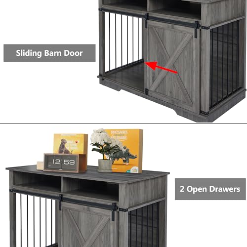 Aoowow Large Double Dog Crate Furniture 72.4" Indoor Dog Kennel with Sliding Barn Door and Divider
