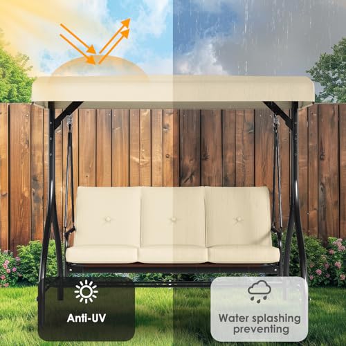 TLSUNNY 3-Seat Outdoor Patio Porch Swing with Adjustable Canopy & Backrest, Convertible Glider Bed with Stand, Removable Seat Cushion