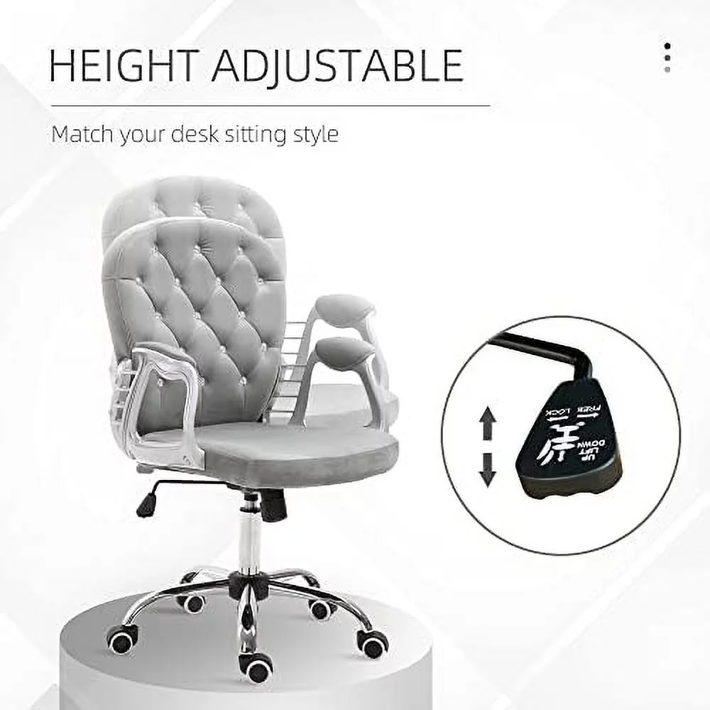 RUNFAYBIU Velvet Home Office Chair  Button Tufted Desk Chair with Padded Armrests  Adjustable Height and Swivel Wheels  Pink