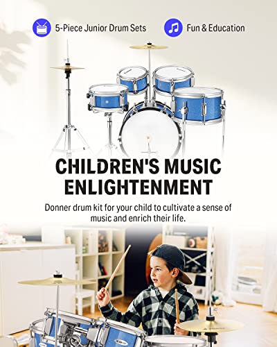 Kid Drum Sets-Donner 5-Piece for Beginners, 14 inch Full Size Complete Junior Drum Kit with Adjustable Throne, Cymbal, Hi-Hat, Pedal & Drumstick