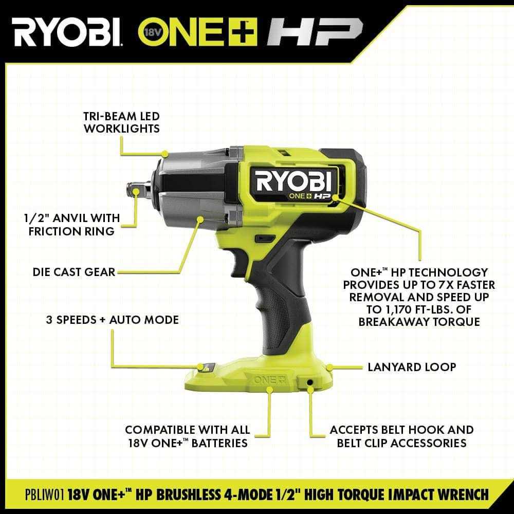 RYOBI ONE+ HP 18V Brushless Cordless 4-Mode 1/2 in. High Torque Impact Wrench PBLIW01B - Shop Hardware Tools Online Store