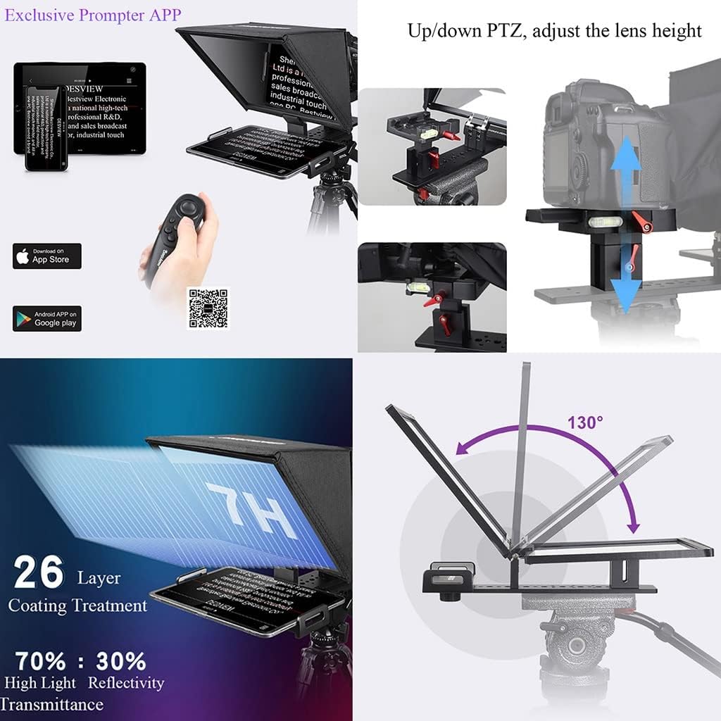 Liftable Metal Teleprompter Kit with Remote Control for 12" Tablet Smartphone DSLR Camera Support Wide Angle Camcorder for Studio Make Videos and