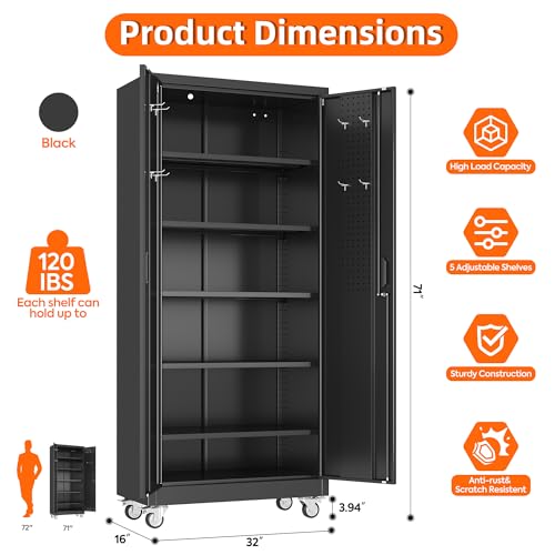 Aobabo 71" H×32" W×16" D Metal Storage Cabinet with Wheels, Garage Steel Storage Cabinet with 5 Adjustable Shelves and 4 Hooks for Home Office