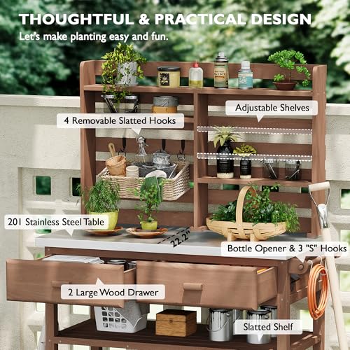 Outdoor Wooden Potting Bench Table – Farmhouse Garden Workstation with Drawers, Cabinet & Storage Shelves, Large Fir Wood Work Table for Patio