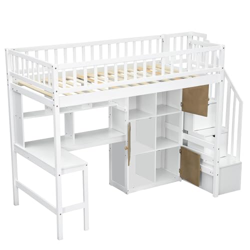 Gaming Bed with Desk,Wardrobe,Ample Storage Space,and RGB LED Light, Full Size Wood Loft Bed for Kids Bedroom (Cloud Blue/K)