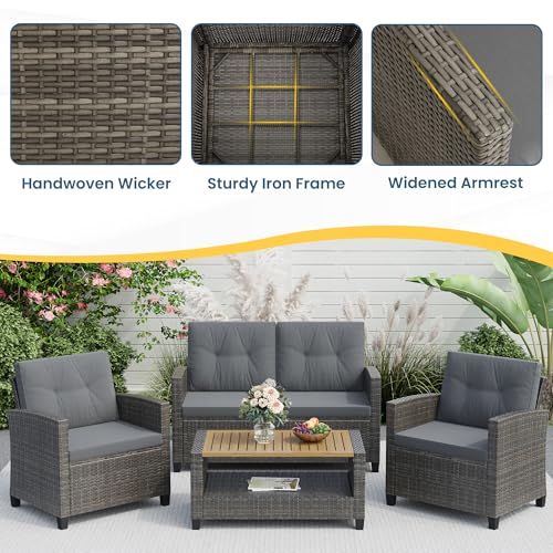 Wisteria Lane 4 Piece Outdoor Patio Furniture Sets, Wicker Conversation Set for Porch Deck, Gray Rattan Sofa Chair with Cushion