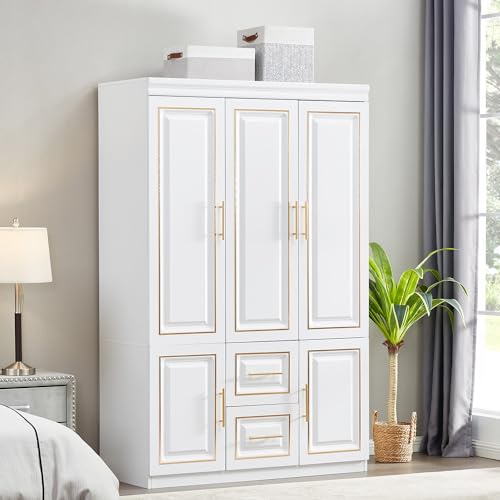 Closet with Doors Armoire Wardrobe Closets Wood Cabinet White Storage Closet Cabinet for Bedroom Armoires Clothes Wood Closet with Hanging Rod