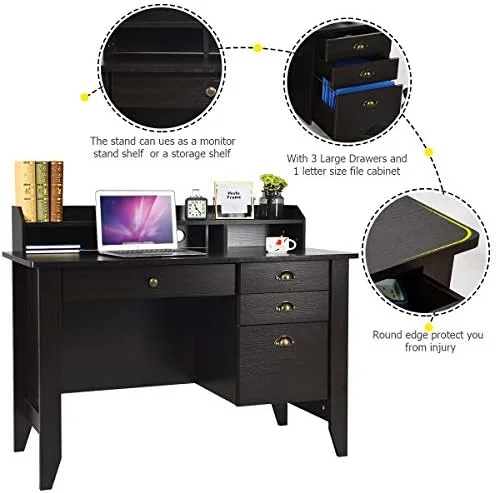 RUNFAYBIU Computer Desk with Drawers and Hutch  Farmhouse Home Office Desk Writing Table Wood Executive Desk Student Desk with File Drawer for Small