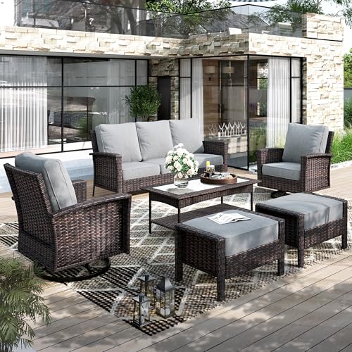 HERA'S HOUSE High Back Patio Furniture Set with Swivel Chairs, Outdoor Wicker Conversation Sets with 5.5" Comfy Cushions, 4 Piece Outside Sofa Sets