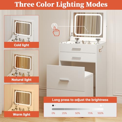 Compact Vanity with 3 Drawers, 3 in 1 Vanity Desk, Makeup Desk with Flip-up 3 Colors Lighting Mirror and Cushioned Stool