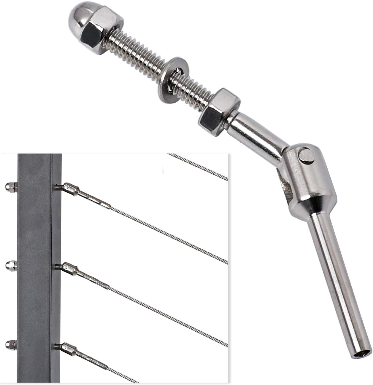 Deck Man 1/8 Inch T316 Stainless Steel Adjustable Cable Railing Kit/Hardware for 1.5 Inch Metal Post，Marine Grade (20 Pack)