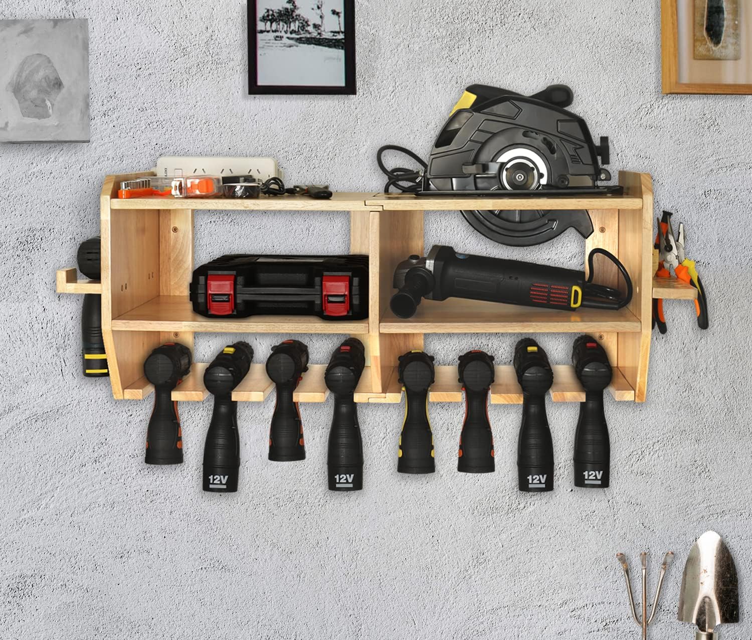 Aomomery Large Power Tool Organizer,Tool Storage Holder with 6 Drill Slots,Wall Mount Garage Tool Organizer ,Wrench and Circular Saw Storage