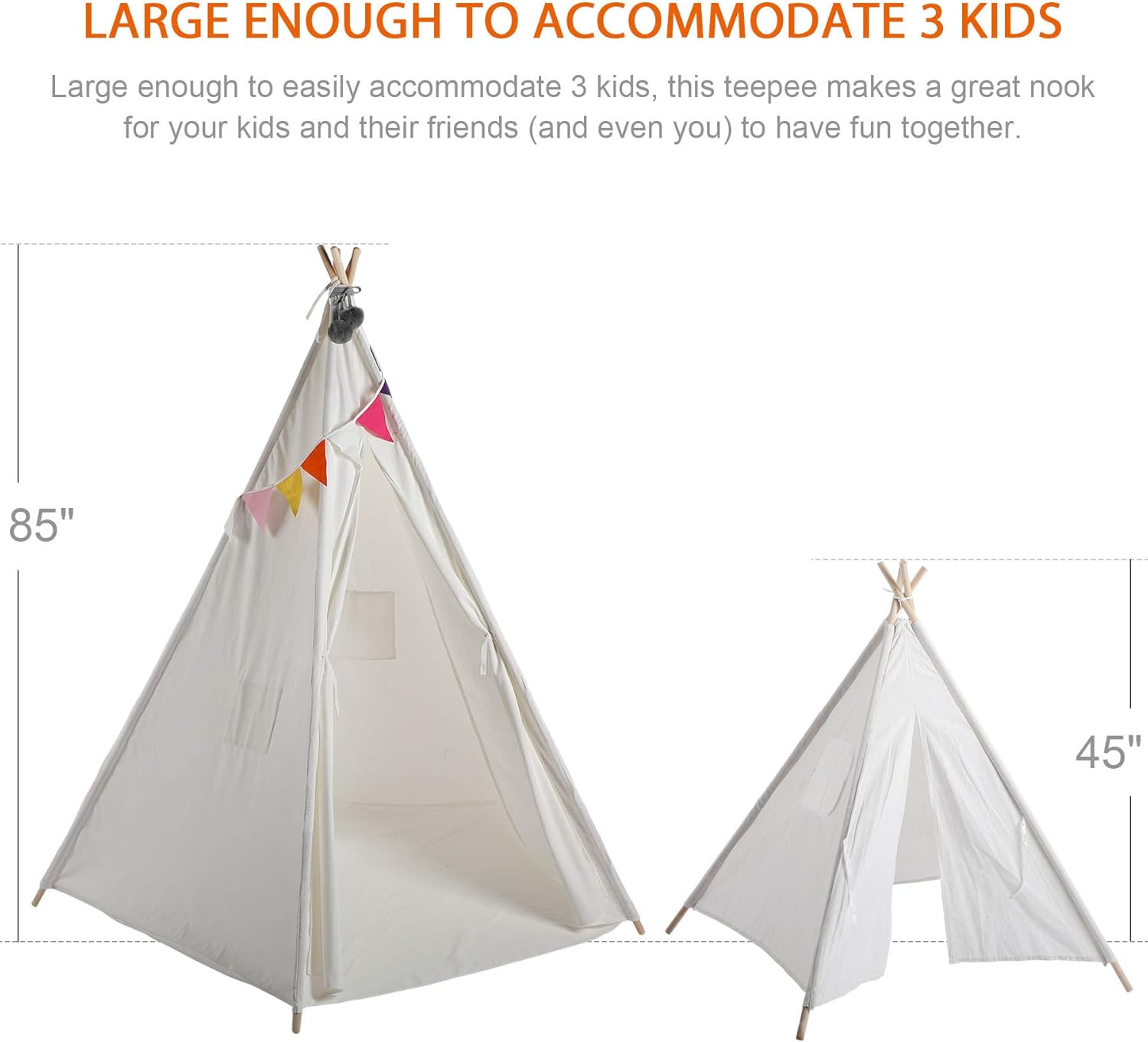 CO-Z Teepee Play Tent Foldable for Kids with Banners - Super Large, for at Least 2 Children - CPST Certificated (5 Poles - 85 Inches Height