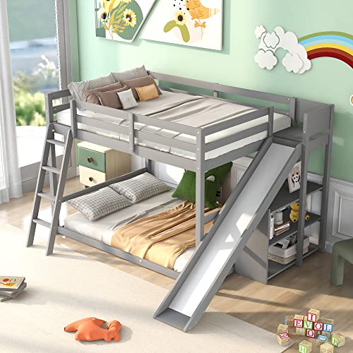 Full-Over-Full Castle Style Bunk Bed with 2 Drawers and 3 Shelves, Wood Bunk Bed Frame with Slide and Storage Staircase for Kids Teens Boys Girls
