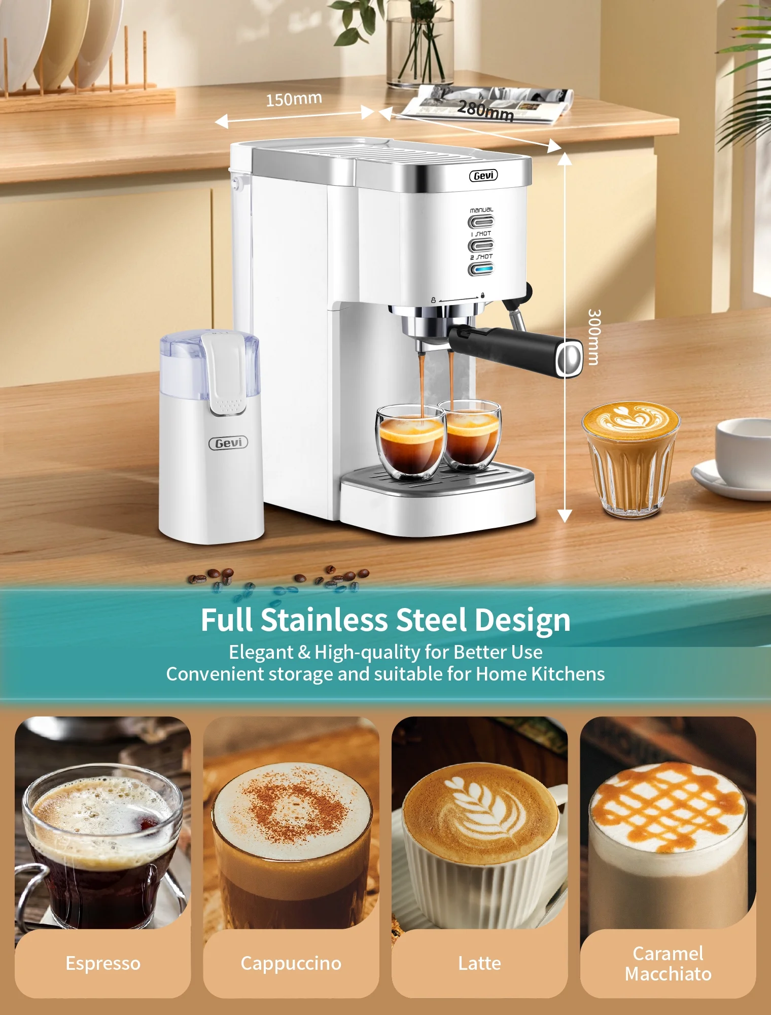 Gevi Espresso Machine 20 Bar Automatic Coffee Maker with Milk Frother Wand, 40.58 oz, New, White