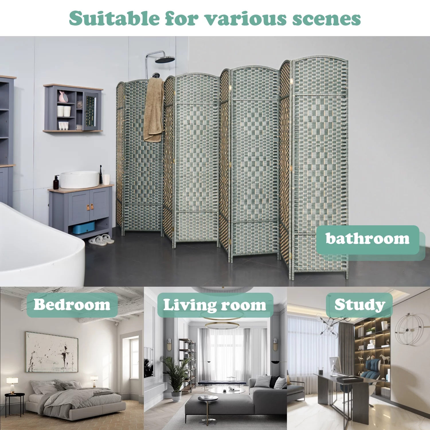 EXCITED WORK 5.7ft Wood Fiber Woven Room Divider 8 Panels, Foldable Mobile Grey Wood Room Divider, Oriental Style Furniture Space Divider
