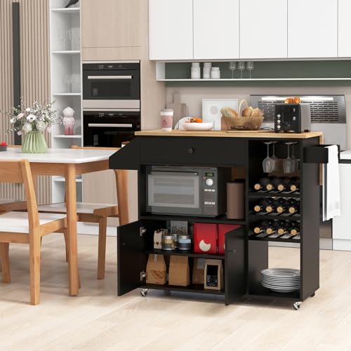 Rolling Kitchen Island with Drop Leaf & Power Outlet, Microwave Cart with Storage Cabinet, Drawer, Wine & Cup Holder, Spice & Towel Rack