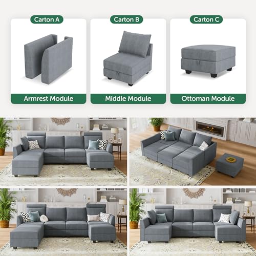 HONBAY Modular Sofa Sectional Sleeper Couch with Ottomans Reversible Sleeper Sectional Sofa Modular Couch with Storage, Aqua Blue