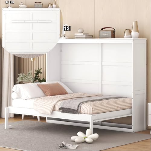 Merax Modern Farmhouse Solid Wood Murphy Cabinet Bed, No Box Spring Needed/Easy Assemble/Queen,Gray