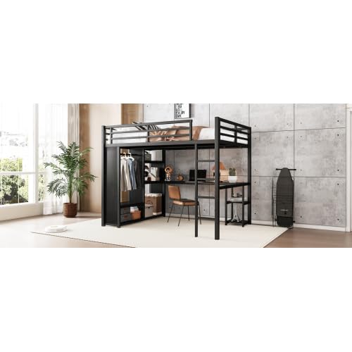 Metal Loft Bed with Wardrobe and L-Shaped Desk, Full Size Loft Bed with Storage Cubes and Shelves, Heavy Duty Loft Bed for Kids Teens, White